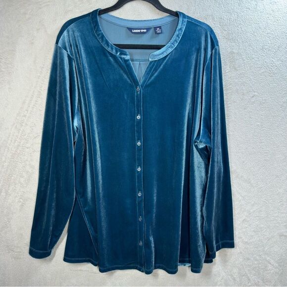 Lands’ End Velvet Button Front Shirt Teal Evening Career Plus Size 2X‎ - Picture 1 of 8